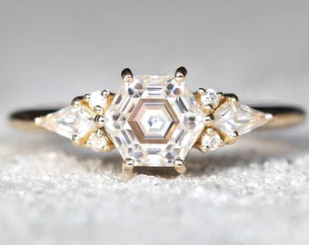 unique diamond engagement ring, hexagon diamond cluster ring