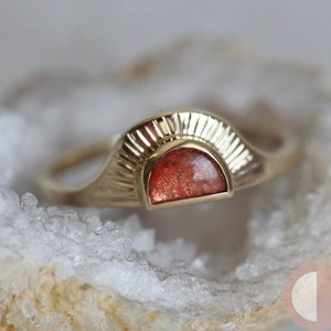 Sunset ring, Sunstone engagement ring, Gold sunrise ring, Bohemian sun ring, Half moon ring