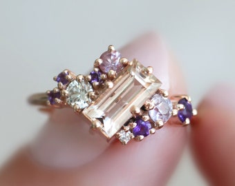 Morganite Cluster engagement ring, morganite baguette diamond ring