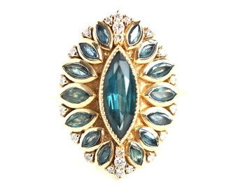 Unique Vintage style marquise teal sapphire ring with halo diamonds and sapphires, Halo Marquise sapphire ring 18k