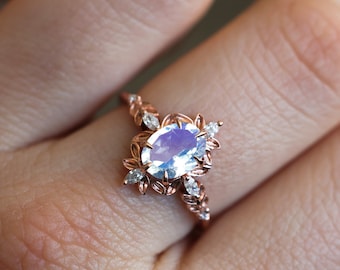 Enya Rose gold moonstone diamond engagement ring, floral moonstone ring