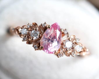 Eryn Padparadscha Sapphire Ring Gold, Elvish Diamond Engagement Ring, Fantasy Ring Whimsical Fairytale Ring