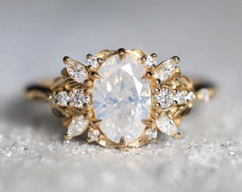 Bronte 1 carat milky diamond engagement ring with leaf detail and accent diamonds
