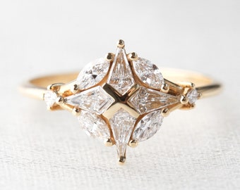 Unique diamond engagement ring, Geometric diamond cluster ring, 18k diamond ring
