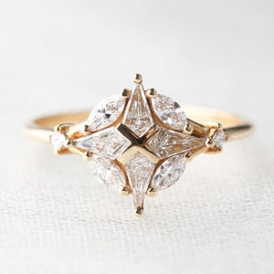 Unique diamond engagement ring, Geometric diamond cluster ring, 18k diamond ring