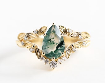 Leaf pear moss agate ring with diamond leaf band