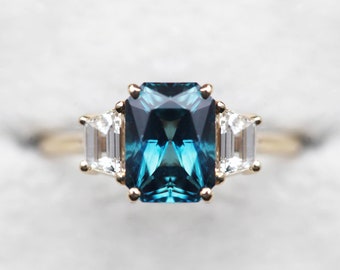 Radiant cut sapphire engagement ring, Art deco sapphire ring with tapered baguette diamonds on sides