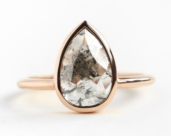 Salt and Pepper Diamond Ring, Grey Rose Cut Diamond Ring, Pear Diamond Ring, Rose Gold Engagement Ring with Pear Cut Diamond, 14k rose gold