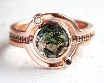 Moss agate engagement ring set, Unique saturn ring set, Rose gold set, Agate & diamond ring set