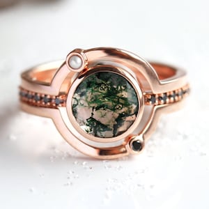 Moss agate engagement ring set, Unique saturn ring set, Rose gold set, Agate & diamond ring set