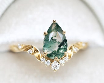 Leaf pear moss agate engagement ring with diamonds