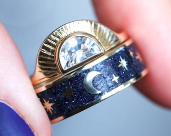 Half carat diamond ring half moon engagement ring sunset ring