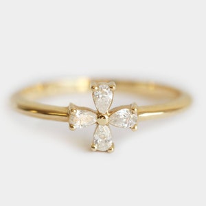 Diamond Flower Ring, Gold Diamond Clover Ring, Pear Cut Diamond Ring