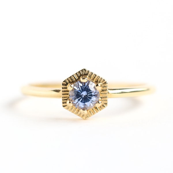 Blue Shade Sapphire Ring, Simple Hexagon Solitaire, September Birthstone Ring in 14k or 18k Solid Gold