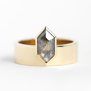 Unique hexagon diamond ring with wide band, Salt and pepper diamond engagement ring