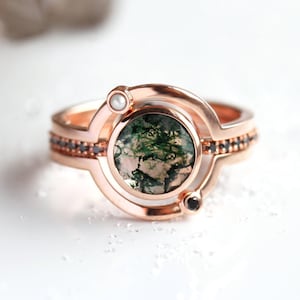 Moss agate engagement ring set, Unique saturn ring set, Rose gold set, Agate & diamond ring set