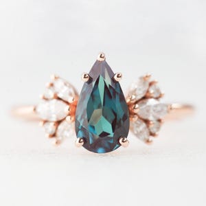 Pear alexandrite ring, Romantic floral alexandrite engagement ring with side diamonds