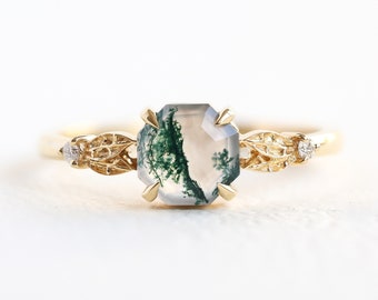 Leaf hexagon moss agate ring Ready to ship in 18k yellow gold