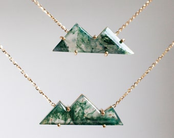 Moss Agate Mountain Necklace, Large Mossy Agate Necklace in 14k or 18k Solid Gold