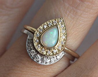 Pear Opal Diamond Engagement Ring Set, 14k or 18k Solid Yellow & White Gold with 7x5mm Australian Opal