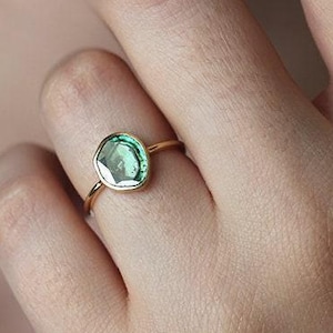 Diamond slice ring, Unique engagement ring, Teal green diamond solitaire, Blue gemstone wedding ring