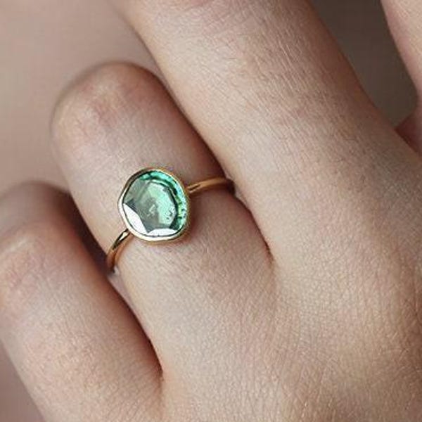 Diamond slice ring, Unique engagement ring, Teal green diamond solitaire, Blue gemstone wedding ring