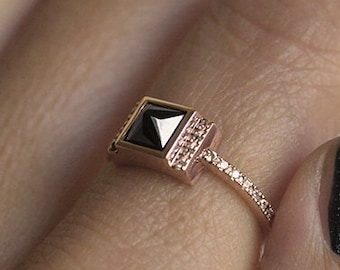 Square Black Diamond Ring Rose Gold, Modern Rose Gold Diamond Engagement Ring with Princess Cut Black Diamond, Pointed Diamond Ring