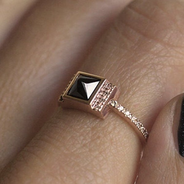 Square Black Diamond Ring Rose Gold, Modern Rose Gold Diamond Engagement Ring with Princess Cut Black Diamond, Pointed Diamond Ring