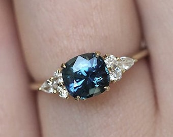 Teal Sapphire Ring, Blue Engagement Ring with Cushion Cut Ceylon Sapphire & White Diamonds