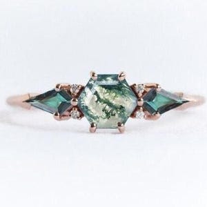 Bague hexagonale en agate mousse avec alexandrite cerf-volant latéral, bague en grappe d&#39;agate mousse