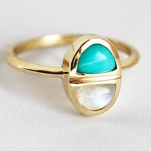 Double Gemstone Ring, Turquoise and Moonstone Ring, Unique Birthstone Ring, 14k Yellow gold Ring