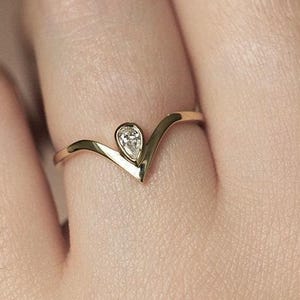 Pear engagement ring, Diamond ring, Small gemstone ring, Tiny v shaped wedding band image 1