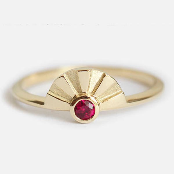Natural Ruby Ring, Yellow Gold Ruby Engagement Ring, Red Gemstone Ring, Bohemian Engagement Ring