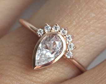 Pear Moissanite Ring Rose Gold, Moissanite Diamond Engagement Ring, Halo Moissanite Ring, Pear Cut Engagement