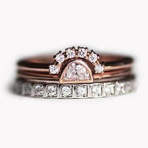 Half Moon Diamond Engagement Ring Set, 14k or 18k Solid White & Rose Gold Eternity, Crescent Solitaire and Curved Band