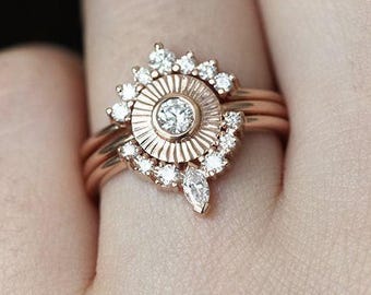 Sunset Ring Set, Diamond Sun Ring with Curved Diamond Crown Rings, Bohemain Engagement Ring, Boho Diamond Ring Set