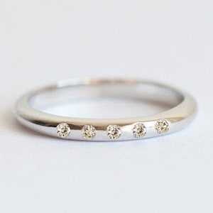 White Gold Diamond Ring, Champagne Diamond Wedding Band, Thin wedding ring Comfort Fit Court Shape band Wedding Ring