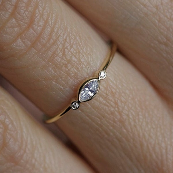 Thin Delicate Marquise Diamond Engagement Ring, Three Diamond Ring, Three Stone Engagement Ring
