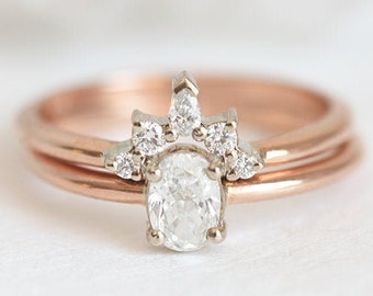 Oval Diamond Engagement Ring with Diamond Crown Band, Diamond Engagement Ring Set, Wedding Ring Set for Her, Rose Gold