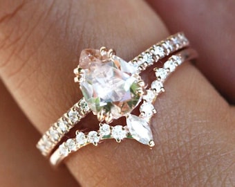 Pear peach sapphire ring set, Pear sapphire engagement ring with cluster diamond band