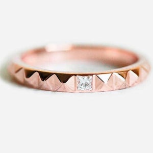 Rose Gold Princess Diamond Ring, Gold Stud Ring 14k Rose, Rose Gold Wedding Band
