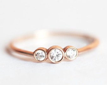 Drie Diamanten Ring, Eenvoudige Diamanten Verlovingsring, Drie Stenen Verlovingsring, Rose Gold Diamond Ring