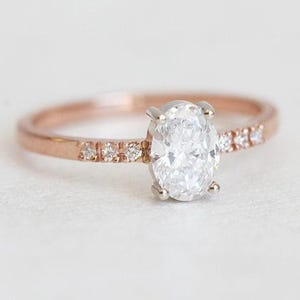 Oval Diamond Engagement Ring, Half Carat Diamond Ring Rose Gold with Pave Diamond Band
