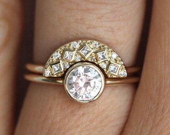 Artdeco diamond ring set, round diamond ring with Curved artdeco diamond band, Round solitaire diamond ring