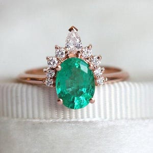Oval Emerald Ring with Diamonds, Natural Emerald Diamond Engagement Ring in Rose gold Yellow Gold