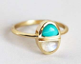 Double Gemstone Ring, Turquoise and Moonstone Ring, Unique Birthstone Ring, 14k Yellow gold Ring