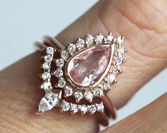 Pear Morganite Diamond Ring Set 14k 18k Gold, Morganite Engagement Ring with Curved Diamond Band, Wedding Ring Set