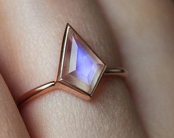 Moonstone engagement ring, Kite shaped ring, Geometric ring, Rainbow blue solitaire, Rose gold ring