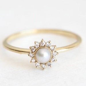 Gold Pearl Ring, Halo Diamond Pearl Ring, 14k Freshwater Pearl Ring, 18k Gold Ring image 1