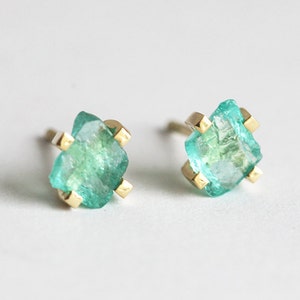 Raw Mint Apatite Studs, Simple Green Earrings, 14k Solid Gold image 2